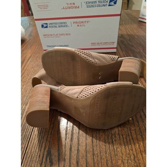 8.5 Franco Sarto Jalia Leather Tan Peep Toe Chunky High Heel Dress Shoes - Picture 7 of 7